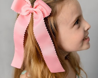 Scalloped Hair Bow | Long Tail Grosgrain Ribbon Bow, Baby Toddler Girls Hair Clip, Boutique School Bow