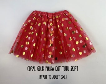 Coral Gold Polka Dot Tutu Skirts - 7 Sizes!Tutus for birthdays; fun run tutu; dance tutu; costume tutus