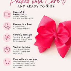 May include: A bright hot pink hair bow with a textured ribbon finish. The image includes text: Packed with Care AND READY TO SHIP, Ships in 1-2 business days, Shipped from Texas, Carefully packaged, Tracking included, More options in our shop, Thank you for supporting our small business!