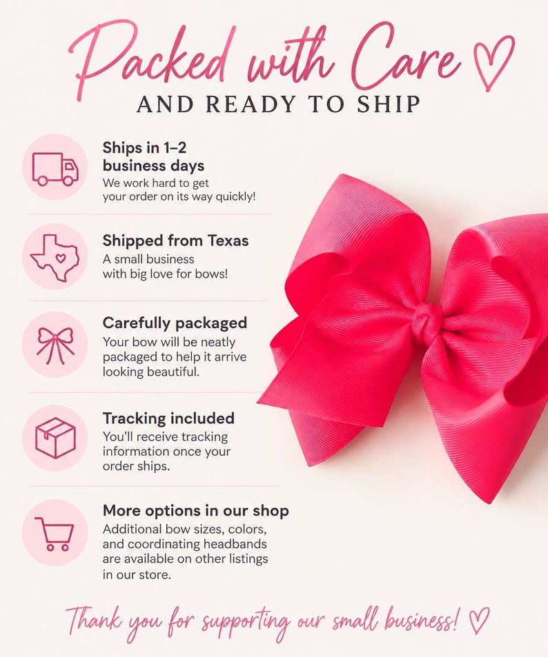 May include: A bright hot pink hair bow with a textured ribbon finish. The image includes text: Packed with Care AND READY TO SHIP, Ships in 1-2 business days, Shipped from Texas, Carefully packaged, Tracking included, More options in our shop, Thank you for supporting our small business!