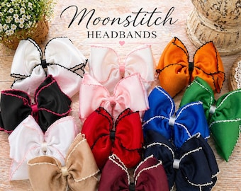 Moonstitch Bow Headband 4.5" | Grosgrain Boutique Hair Bow | Baby Toddler Girls Elastic Bow Headband