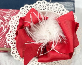 Red & White Ostrich Puff Texas Size Bow, Red White Marabou Bow, Marabou Bows, Girls Hair Bow, Christmas Bow, Red Hair Bow, Big Hair Bows