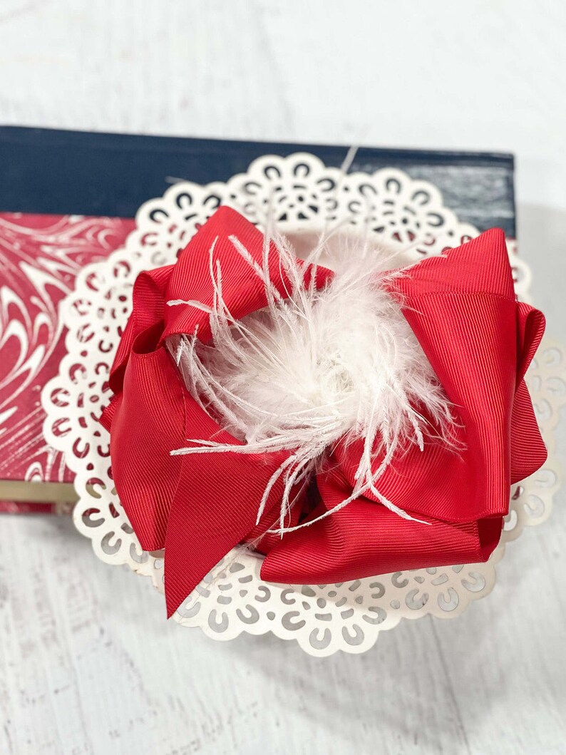 Red & White Ostrich Puff Texas Size Bow, Red White Marabou Bow, Marabou Bows, Girls Hair Bow, Christmas Bow, Red Hair Bow, Big Hair Bows image 1