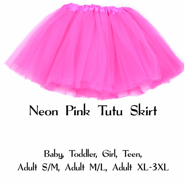 Neon Pink 3-Layer Tutu Skirts - 7 Sizes!, Baby to Plus Size Women's Tutus; Fun Run Tutu, Dance Tutu, Costume Tutus