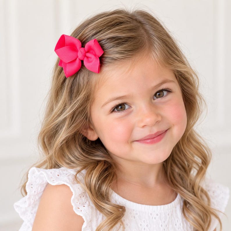 May include: A bright hot pink hair bow made of ribbed grosgrain ribbon. The bow features a classic layered design with a central knot detail, securely attached to the side of light brown wavy hair, providing a vibrant pop of color.