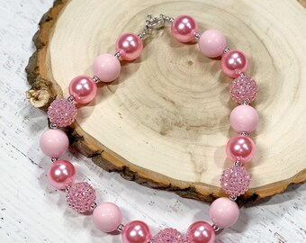 Pink Rhinestone Chunky Bead Necklace, Girls Necklace, Kids Bubblegum Necklace, Toddler Necklace, Pink Bead Necklace, Necklace for Kids