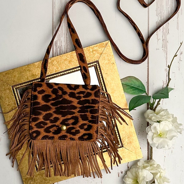 Brown Leopard Boho Fringe Crossbody Flap Purse for Girls, Fringe Purse, Crossbody Bag, Crossbody Purse for Kids, Kids Fringe Purse