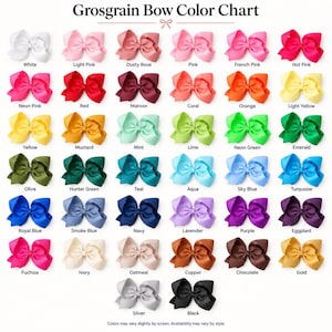 May include: A Grosgrain Bow Color Chart displaying forty-two individual fabric bows in a grid. Each bow is labeled with its corresponding color name, ranging from white, pink, and red to green, blue, purple, brown, and black shades.
