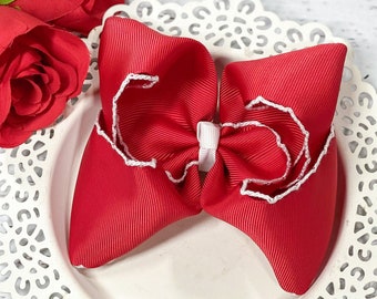 Red and White Moonstitch Bow, Red Hair Bow, Girls Red Bow, Christmas Hair Bow, Holiday Hair Bow, Girls Bows