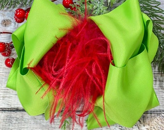 Christmas Cheer Texas Size Lime & Red Ostrich Puff Hair Bow, Christmas Hair Bow, Green Red Hair Bow, Christmas Bow, Girls Holiday Bow