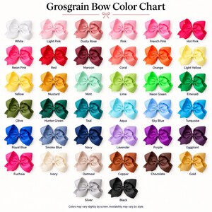 May include: A Grosgrain Bow Color Chart displaying forty-two individual fabric bows in a grid. Each bow is labeled with its corresponding color name, ranging from white, pink, and red to green, blue, purple, brown, and black shades.