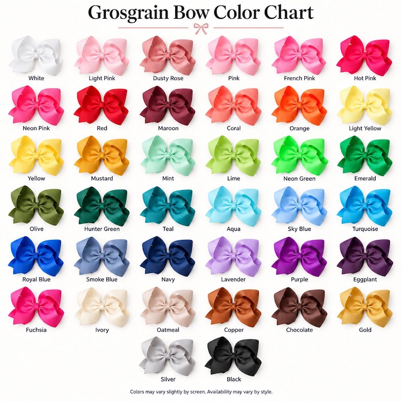 May include: A Grosgrain Bow Color Chart displaying forty-two individual fabric bows in a grid. Each bow is labeled with its corresponding color name, ranging from white, pink, and red to green, blue, purple, brown, and black shades.