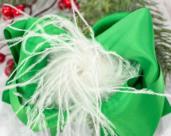 Green & White Feather Puff Hair Bow, Green Hair Bow, Marabou Bow, Green and White Bow, Christmas Hair Bow, Girls Green Bow