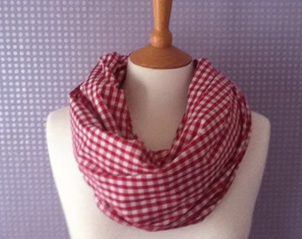 Red and white gingham lightweight cotton scarf and snood