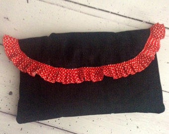 Denim polka dot red ruffle clutch bag