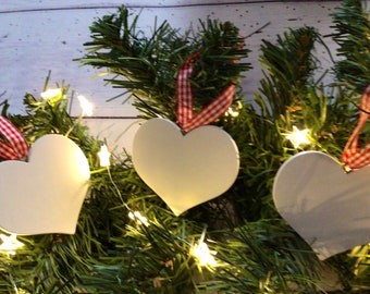 Set of 3 Christmas white and gingham heart tree decorations