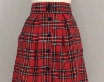 Tartan red plaid button high waisted A-line skirt