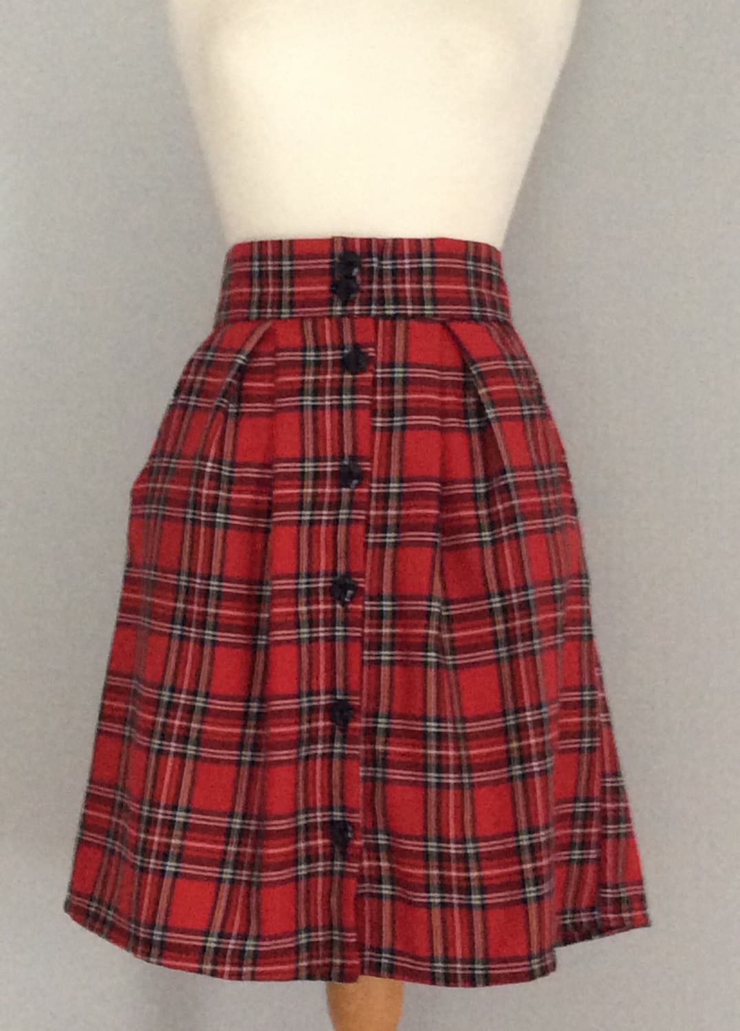 Image of Tartan Red Plaid Button High Waisted A-Line Skirt