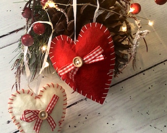 Set of 2 red and white scandi Christmas festive gingham felt hearts