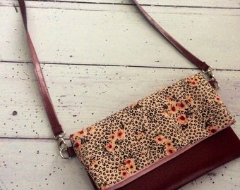 Leopard/animal print floral plum faux leather fold over handbag