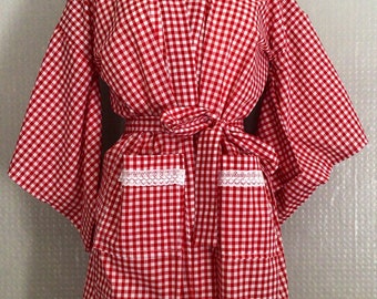 Red & white gingham check dressing gown nightwear robe with kimono sleeves