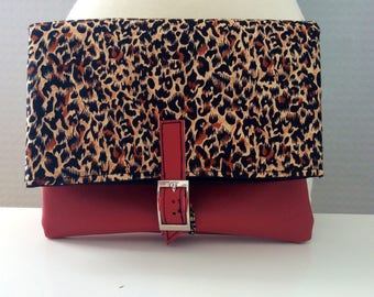 Red leatherette and leopard animal print fold over buckle clutch bag