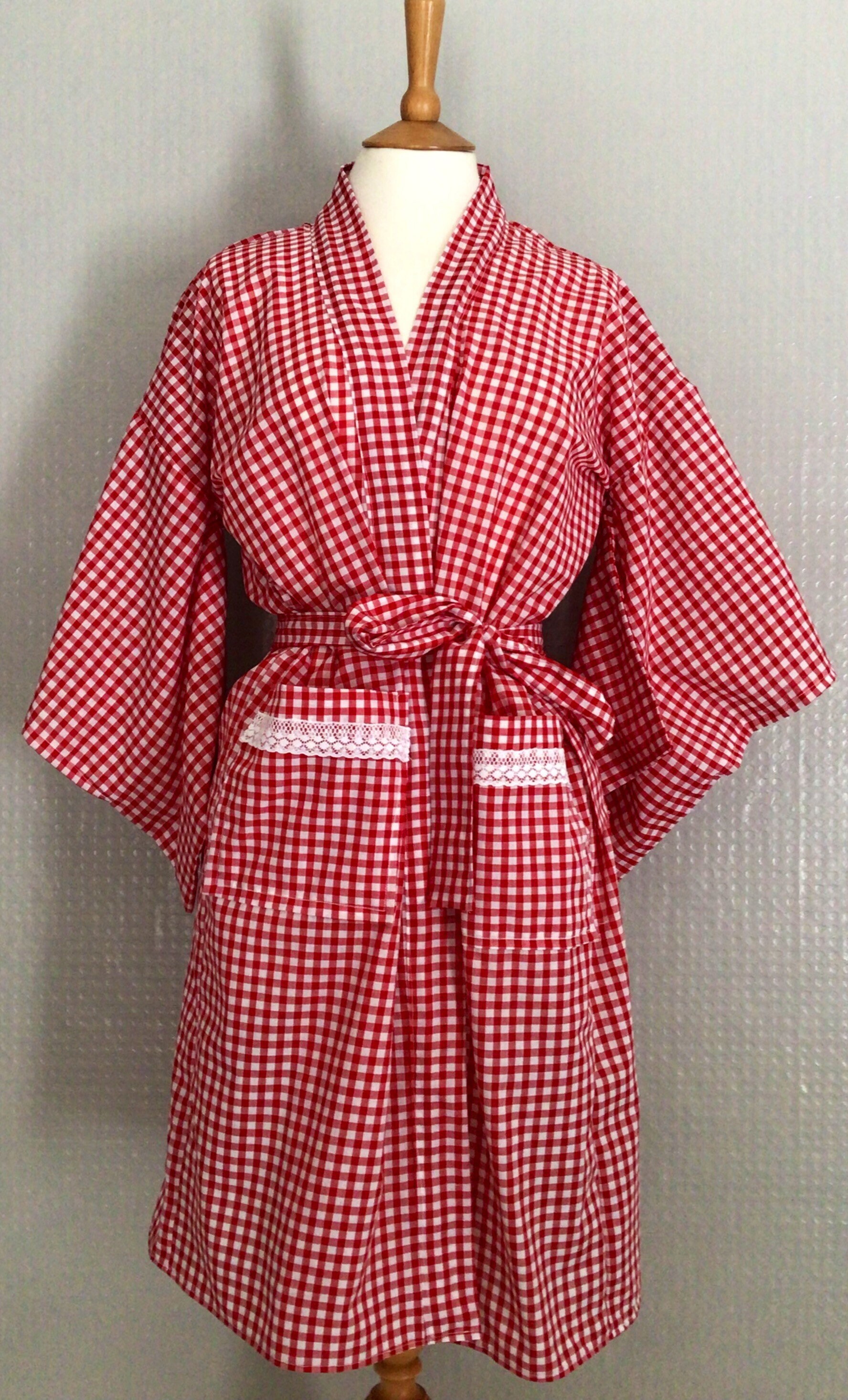 Gingham Robe Red & White Gingham Check Dressing Gown Nightwear Robe With Kimono ...