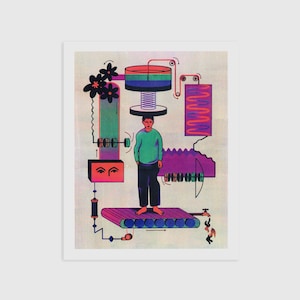 May include: An artistic print featuring a person standing on a conveyor belt, surrounded by colorful machinery and abstract elements. The artwork uses a vibrant palette of greens, purples, and oranges, creating a surreal and imaginative scene.