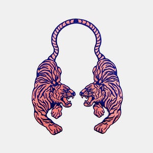 Puede incluir: Ilustración gráfica de dos tigres enfrentados, con sus cuerpos formando una forma curva. Los tigres son rosas con rayas y detalles azules, sobre un fondo blanco. Los tigres están rugiendo.