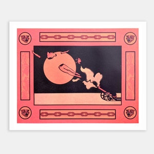 May include: A vintage-style illustration of a person being launched from a cannon, with a large orange moon in the background. The image is framed with a red border and features a repeating pattern of rope knots and tiger heads.