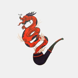 May include: An embroidered patch depicting a red dragon with black outlines, coiled around a black pipe with a green stem. The dragon's tail is wrapped around the pipe's bowl, and the dragon's head is facing the left of the image.