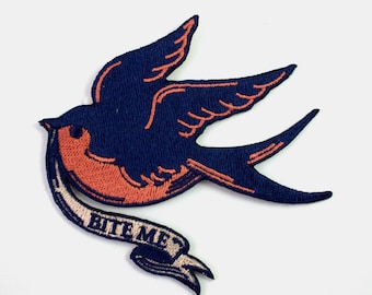 Bite Me Bird Iron On Patch // Round patch // Swallow Patches//  Iron On // Tattoo Patch // Gift for Him // Gift ideas // Embroidered Patch