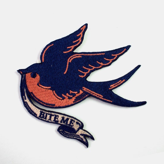 Bite Me Bird Iron On Patch // Round patch // Swallow Patches//  Iron On // Tattoo Patch // Gift for Him // Gift ideas // Embroidered Patch