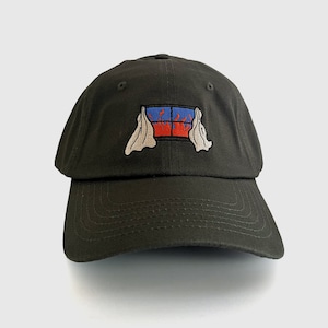 May include: A dark green baseball cap with an embroidered design of a window with flames and curtains pulled back.