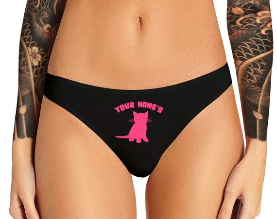 Custom Pussy Thong Panties Personalized With Your Name  Funny Kitten Cat Bachelorette Party Gift Bride Lingerie Customized Thong
