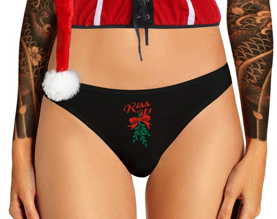 Kiss It Mistletoe Panties Christmas Funny   Naughty Bachelorette Party Holiday Gift Panty Xmas Womens Thong Lingerie