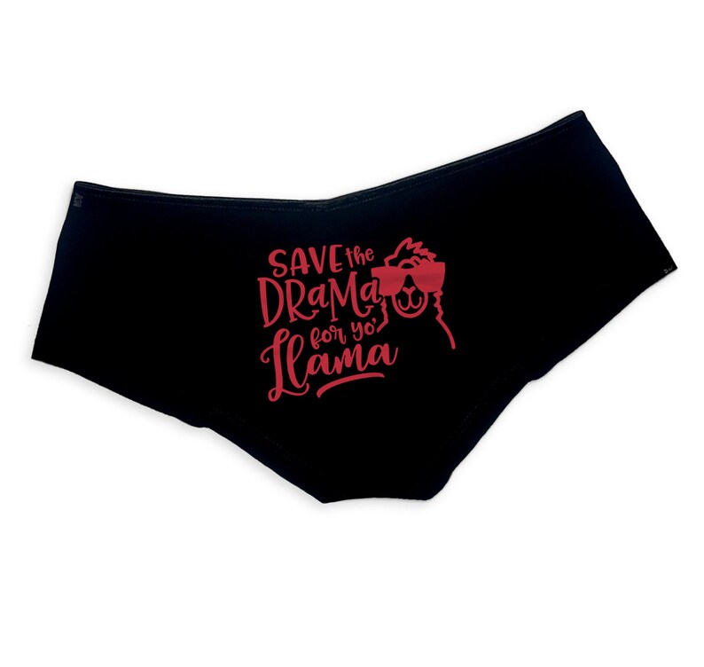 May include: Black underwear with a red graphic print of a llama wearing sunglasses and the text "SAVE the DRAMA for yo' LLAMA".