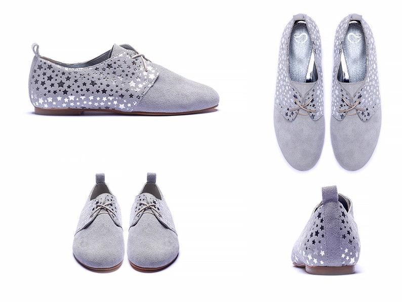 Gray leather flats Silver stars gray Oxfords