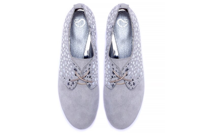 Gray leather flats Silver stars gray Oxfords
