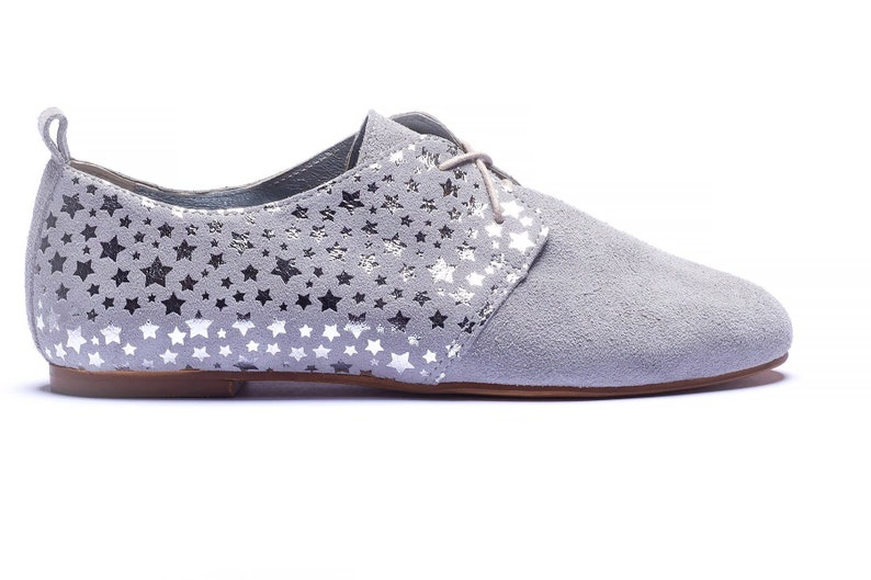 Gray leather flats Silver stars gray Oxfords