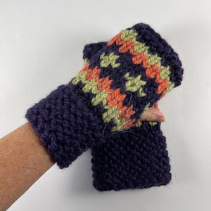 Hand Knit Fingerless Gloves: Nordic Violet, Lime, Orange Alpaca Blend