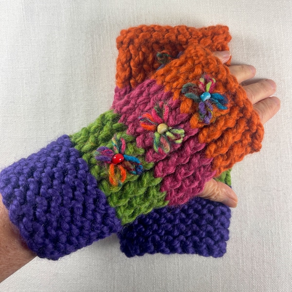 Embroidered Hand Knit Wrist Warmers with Glass Beads, Hand Knit Embroidered Fingerless Gloves, Hand Warmers