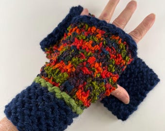 Hand Knit Fingerless Gloves: Rainbows