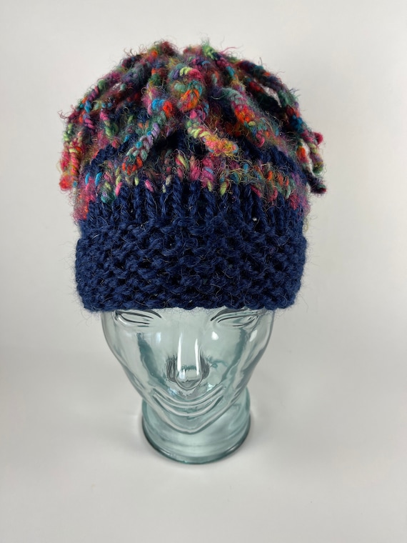Hand Knit Navy Blue Beanie: Rainbow Pom Pom Cloche - Etsy display picture 3