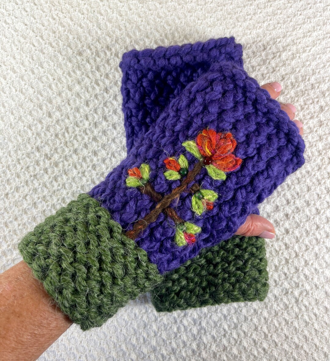 Hand Knit Embroidered Wrist Warmers Hand Knit Embroidered Fingerless