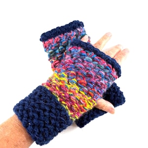 Hand Knit Fingerless Mittens: Rainbow Cobblestone Texture, Alpaca Cuff