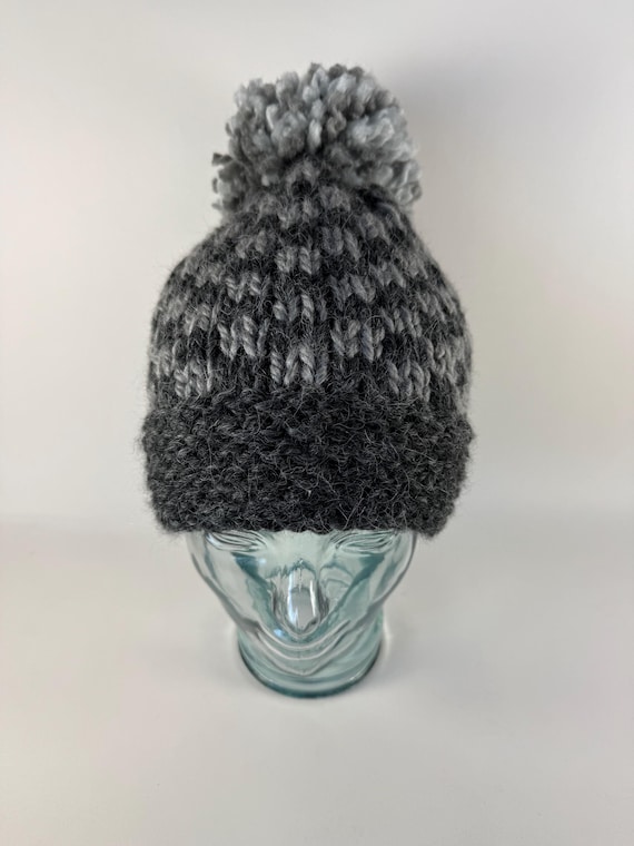 Hand Knit Pom Pom Beanie: Gray Checked Alpaca Blend - Etsy display picture 3