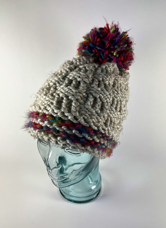 Hand Knit Pom Pom Beanie: Rainbow Cloche Toque - Etsy display picture 1