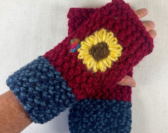 Hand Knit Wrist Warmers, Hand Knit Fingerless Gloves, Embroidered Fingerless Mittens, Sunflowers, Hand Warmers