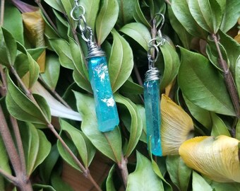 Wire Wrapped Titanium Coated Quartz Earrings, Raw Crystal Dangle Drop Earrings